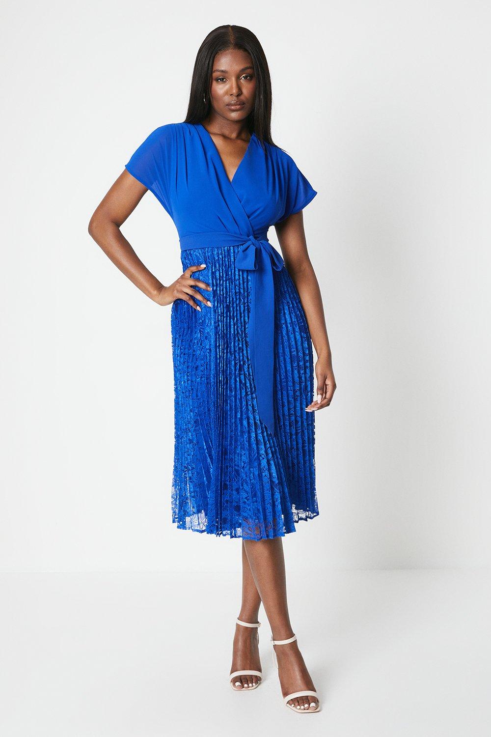 Wrap Top Dress With Lace Skirt - Bright Blue
